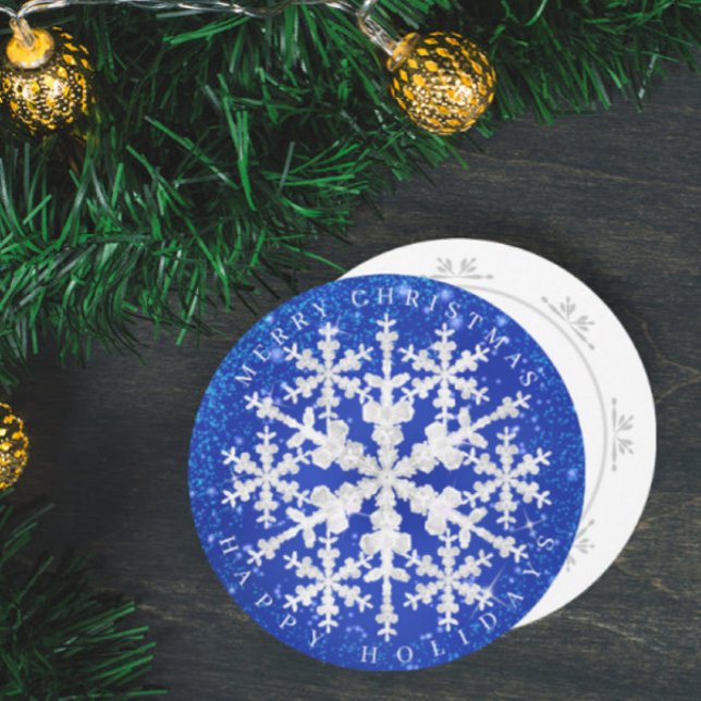 Snö Flakes Blue White Julkort (Attractive snow flakes design round Christmas card. )