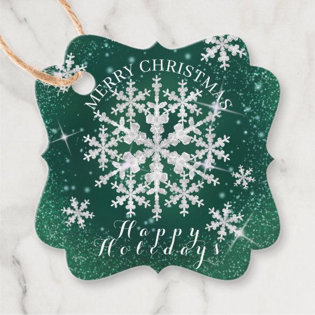 Snö Flakes Grönt White Gåvor Etiketter (Framsida)
