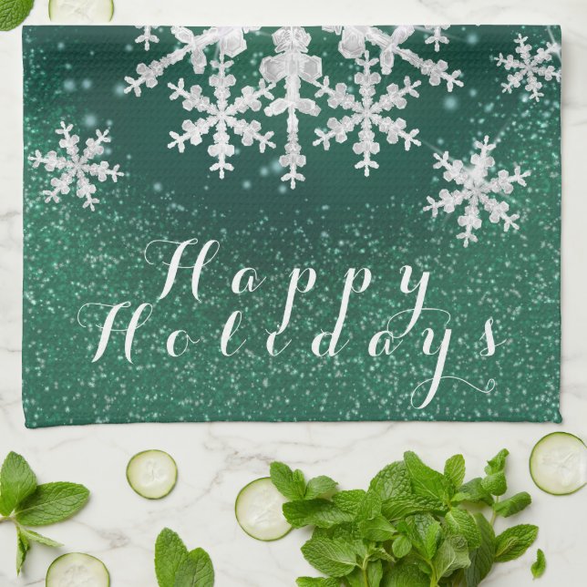 Snö Flakes Grönt White Kökshandduk (Vikta)