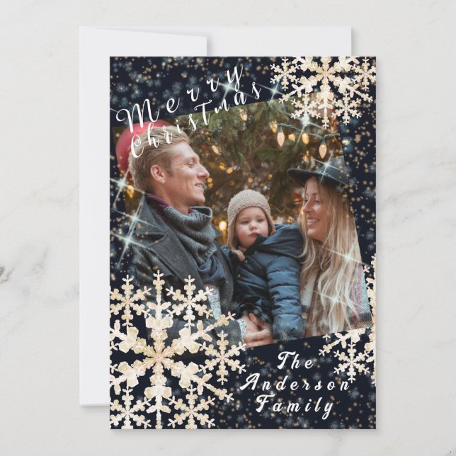 Snö Flakes Photo Black Guld Julkort (Framsida)