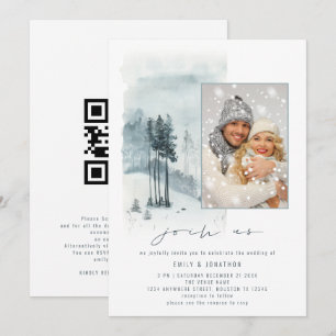 Snö Forest Photo Går med oss QR-kod Winter Wedding Inbjudningar