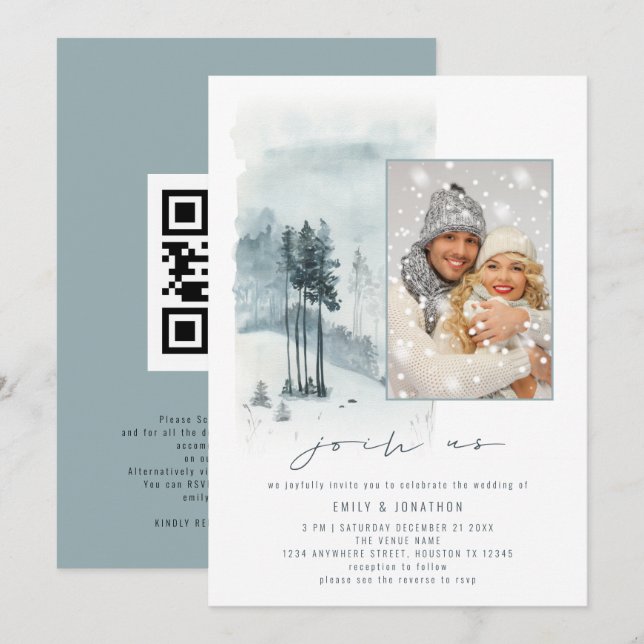 Snö Forest Photo Går med USA QR-koden Blue Bröllop Inbjudningar (Fram/baksida)