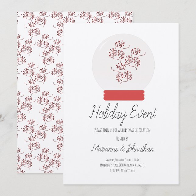 Snö Globe jul Party Berry Sprig Kraft Inbjudningar (Fram/baksida)