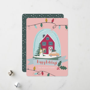 Snö Globe-julhuset och fotfoto för Rosa av bil Julkort