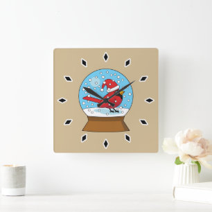 Snö Globe med Cute Red Cardinal Fyrkantig Klocka