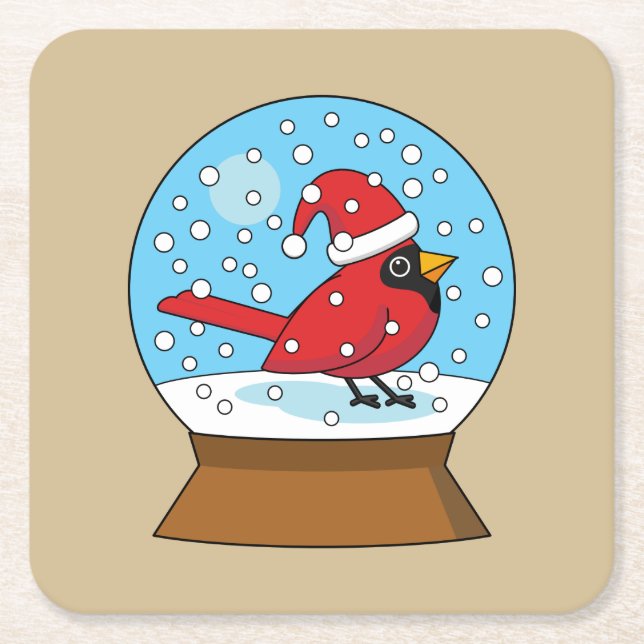 Snö Globe med Cute Red Cardinal Underlägg Papper Kvadrat (Framsidan)