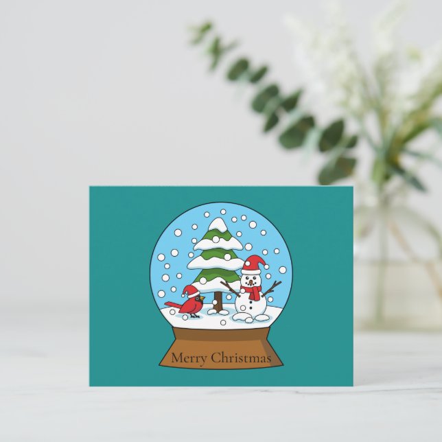 Snö Globe med kardinal Snögubbe och Gräs Träd Helg Vykort (Stående Fram)