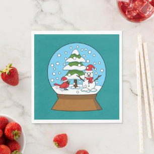 Snö Globe med kardinal Snögubbe och Gräs Träd Pappersservett