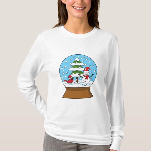 Snö Globe med kardinal Snögubbe och Gräs Träd T Shirt (Framsida)