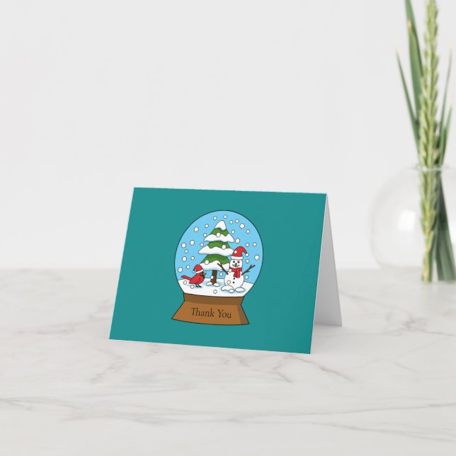 Snö Globe med kardinal Snögubbe och Gräs Träd Tack Kort (Framsida)