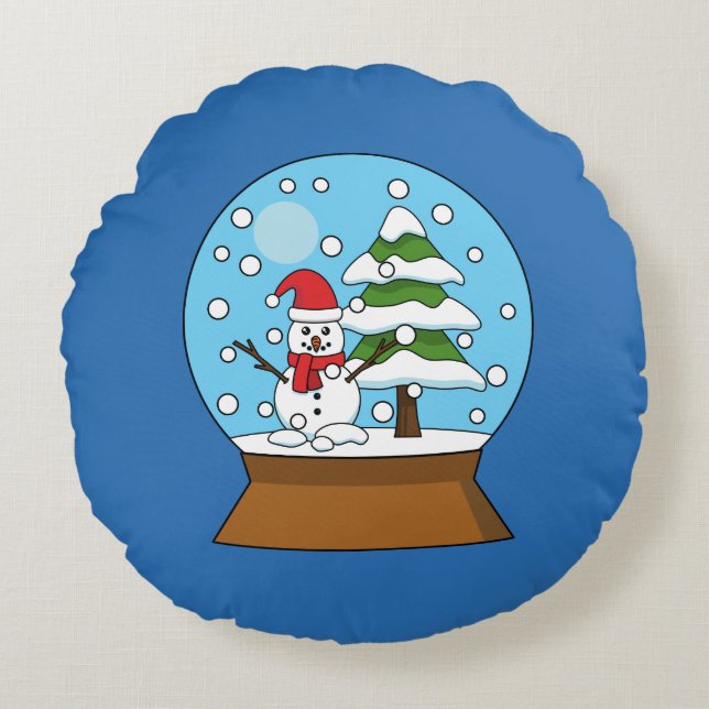 Snö Globe med Snögubbe och Gräs Träd Rund Kudde (Framsidan)