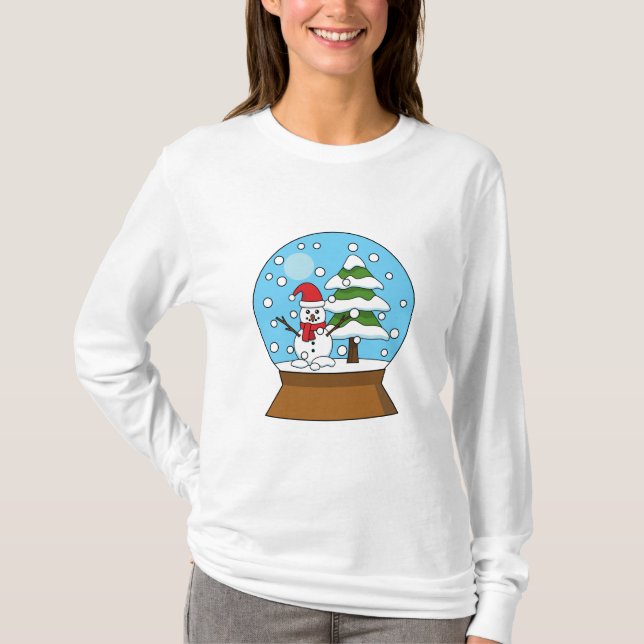 Snö Globe med Snögubbe och Gräs Träd T Shirt (Framsida)