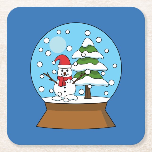 Snö Globe med Snögubbe och Gräs Träd Underlägg Papper Kvadrat (Framsidan)