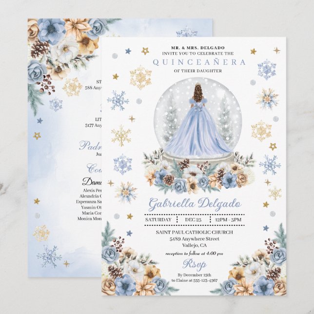 Snö Globe Princess Winter Wonderland Quinceañera Inbjudningar (Fram/baksida)