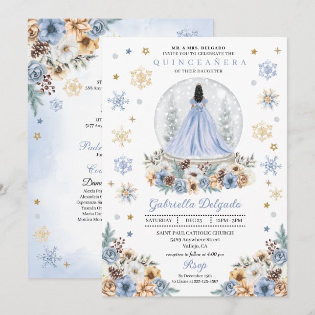 Snö Globe Princess Winter Wonderland Quinceañera Inbjudningar (Fram/baksida)