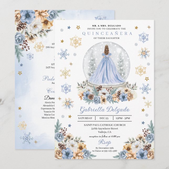 Snö Globe Princess Winter Wonderland Quinceañera Inbjudningar (Fram/baksida)