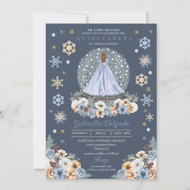 Snö Globe Princess Winter Wonderland Quinceañera Inbjudningar (Framsida)
