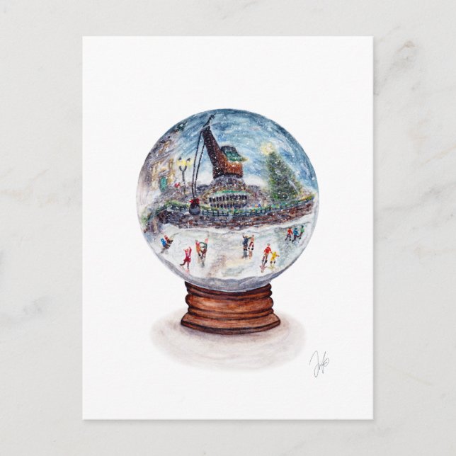 Snö Globe Scene Ice Sking under Crane Vykort (Framsida)