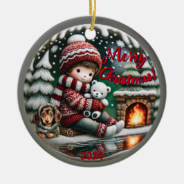 Snö Globe Vibe: Dachshund Fireplace Scene Julgransprydnad Keramik