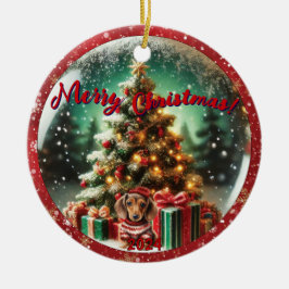 Snö Globe Vibe: Dachshund Träd Scene Julgransprydnad Keramik