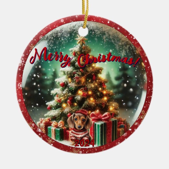 Snö Globe Vibe: Dachshund Träd Scene Julgransprydnad Keramik (Framsidan)