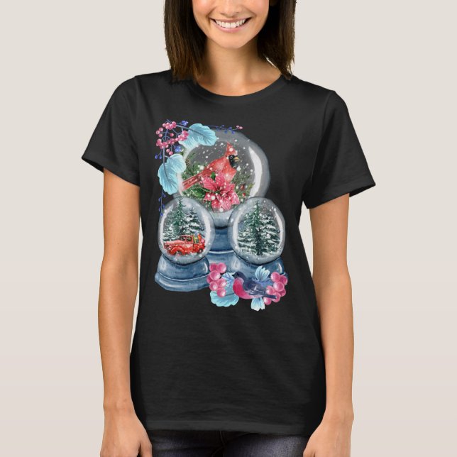 Snö Globe Winter Snö Red Cardinal Bird Snowglobe T Shirt (Framsida)
