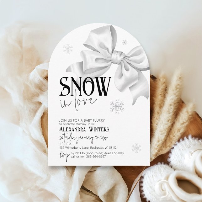 Snö i Kärlek Bow Baby Shower Snowflake Winter Arch Inbjudningar (Arch shape black and white elegant baby girl winter snowflake large white bow Snow in love shower)