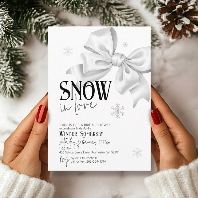 Snö i Kärlek Bow Möhippa Snowflake Winter Inbjudningar (Cute simple SNOW in Love minimalist snowflake white bow modern winter bridal shower invite)