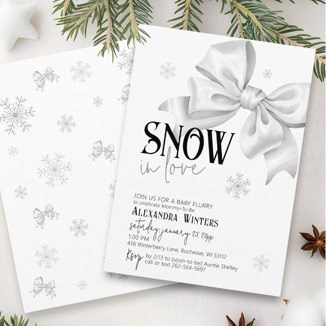 Snö i Kärlek Cute Bow Snowflake Winter Baby Shower Inbjudningar (Cute SNOW in Love simple white bow snowflake winter wonderland girl baby shower  invitation)