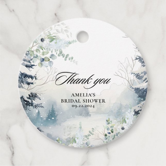 Snö i kärlek dammig blå Vinter Bröllopsdusch Gåvor Etiketter (Framsida)