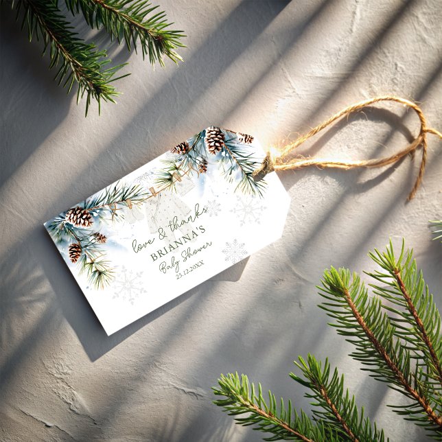 Snö i kärlek i snöflingor: Vinterbabydusch för Presentetikett (Snow in love green pines baby clothes wash line winter baby shower peresonalized favor gift tags)