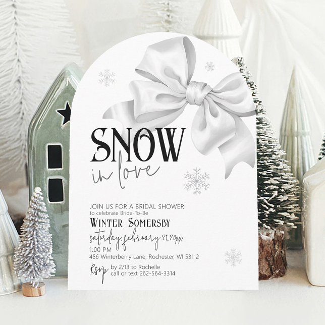 Snö i Kärlek i Winter Arch för Möhippa av matarfac Inbjudningar (Cute simple SNOW in Love minimalist snowflake white bow whimsical winter arch bridal shower invite)