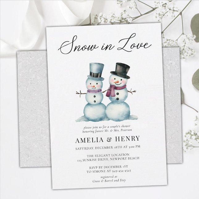 Snö i kärlek Roliga vinterpar Bröllopsdusch Inbjudningar (funny couples shower wedding snowman winter cute humor watercolor snow in love chic his hers coed)