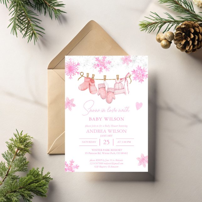 Snö i kärlek snöflingor vinterdusch för babydusch inbjudningar (Snow in love with baby snowflakes pink clothes line winter baby shower invitation template)