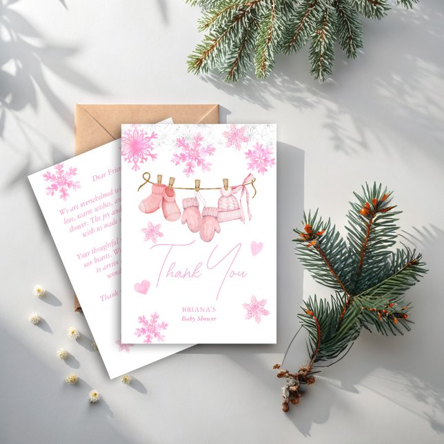 Snö i kärlek snöflingor vinterdusch för babydusch tack kort (Snow in love pink snowflakes girls clothes line winter baby shower thank you cards)