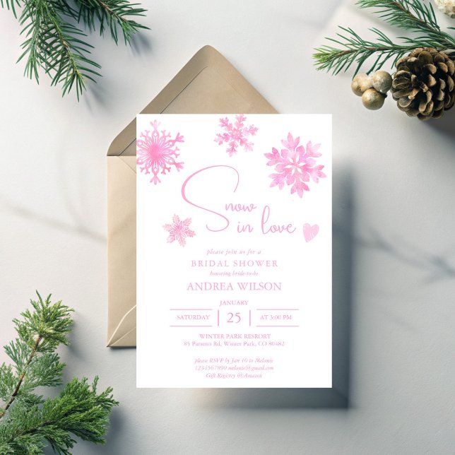Snö i kärlek snöflingor vintermöhippa inbjudningar (Snow in love pastel pink snowflakes winter bridal shower invitation template)