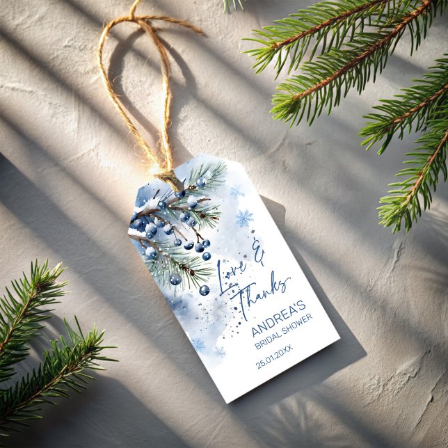 Snö i kärlek vinter bröllopsdusch presenter presentetikett (Snow in love winter bridal shower favors personalized printed thank you favor gift tags )
