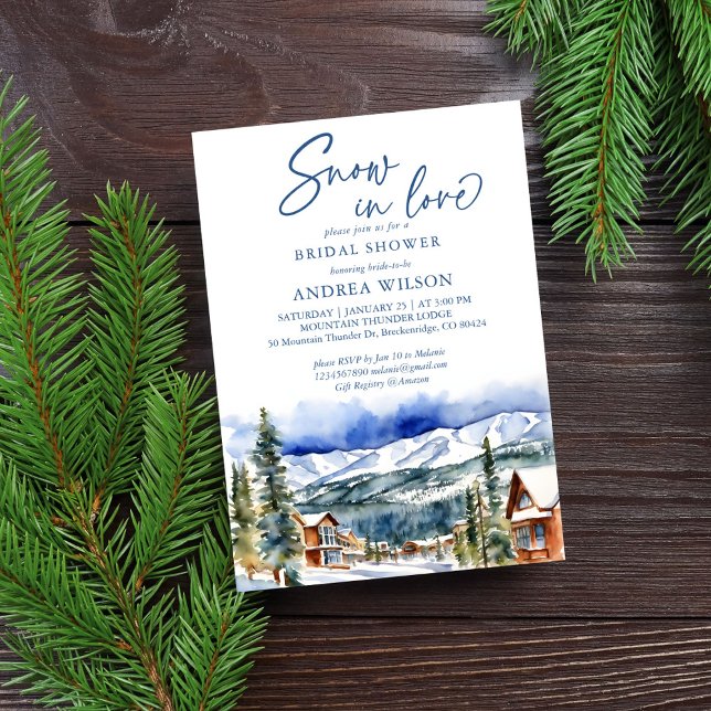 Snö i kärlek vinterby i möhippan i bergsområdet inbjudningar (Snow in love winter bridal shower snowy mountain village watercolor scenery template invitation )