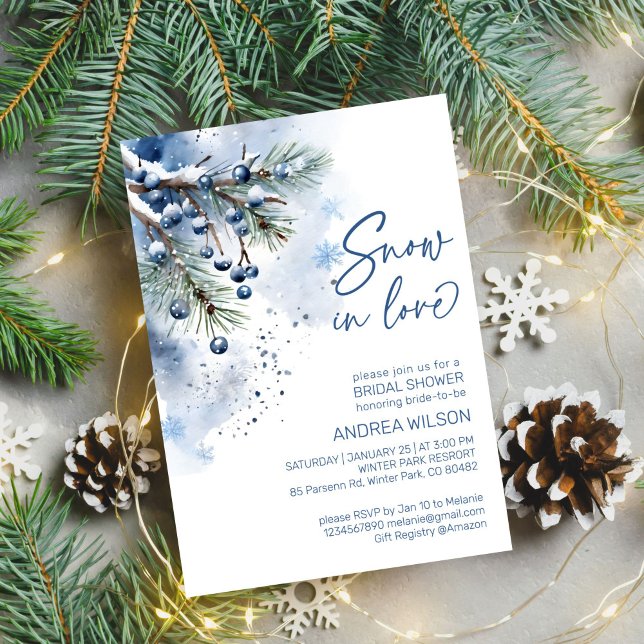 Snö i kärlek vintermall för möhippa  inbjudningar (Snow in love winter bridal shower editable template invitation digital download watercolor pines)