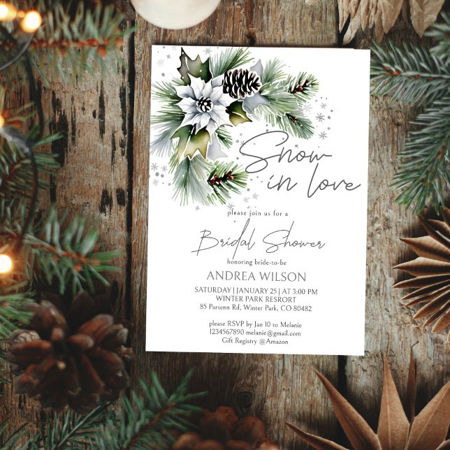 Snö i kärlek vintermall för möhippa  inbjudningar (Snow in love winter bridal shower template invitation digital download watercolor white poinsettia)
