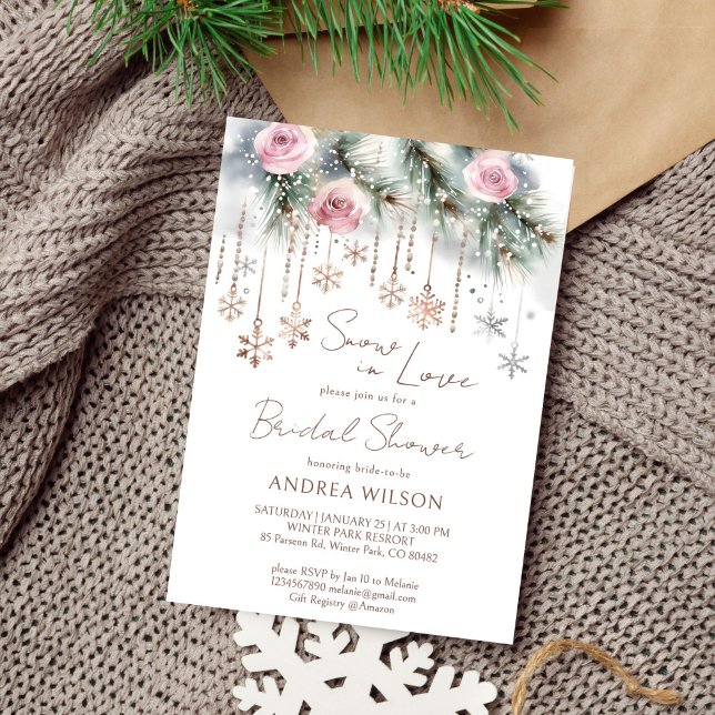 Snö i kärlek vintermall för möhippa  inbjudningar (Snow in love winter bridal shower editable template invitation digital download watercolor pines)