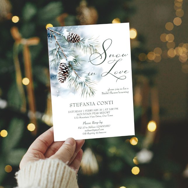 Snö i kärlek vintermöhippa för snövintern gräs inbjudningar (Snow in love snowy pines with pinecones winter bridal shower invitation cards template digital)
