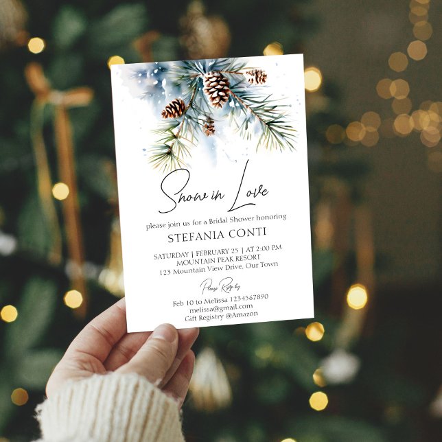 Snö i kärlek vintermöhippa för snövintern gräs inbjudningar (Snow in love boho snowy pines pinecones winter bridal shower invitation template )