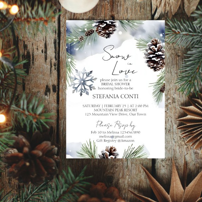 Snö i kärlek vintermöhippa för snövintern gräs inbjudningar (Snow in love winter bridal shower editable template invitation digital download watercolor pines)