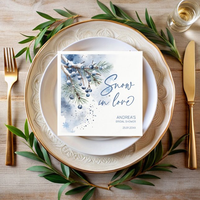 Snö i kärlek vintermöhippa i monogrammet pappersservett (Snow in love winter bridal shower monogrammed napkins snowy pines personalized name table decor )