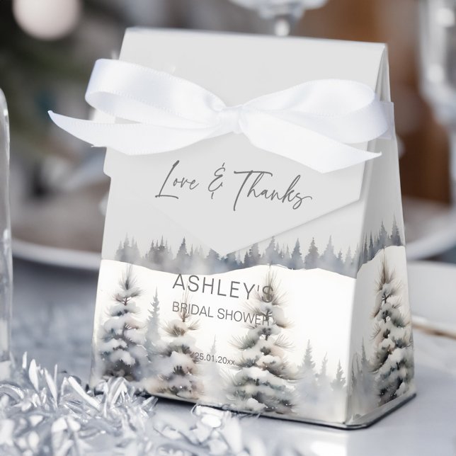 Snö i kärlek-vintern gräs-möhippa för skog presentaskar (Snow in love winter pine forest bridal shower favor box pastel grey sage green snowy pines favor box)
