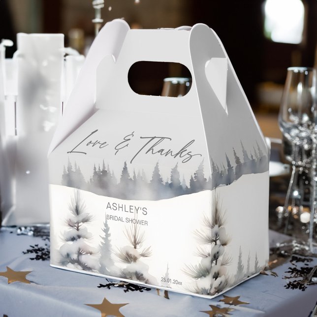 Snö i kärlek-vintern gräs-möhippa för skog presentaskar (Snow in love winter pine forest bridal shower favor box pastel grey green pines winter themed shower)