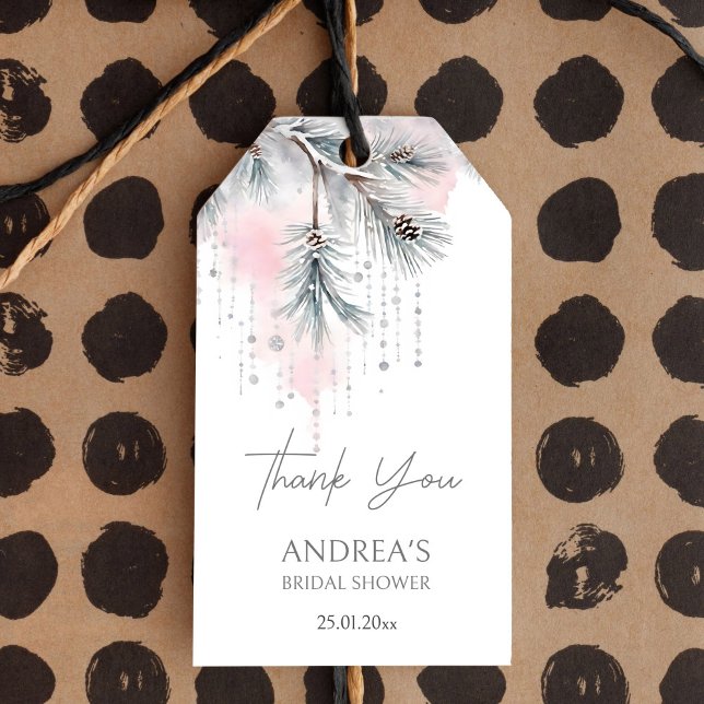 Snö i kärlek vintern möhippa presentetikett (Snow in love winter bridal shower favor gift tags watercolor pastel snowy pines thank toy favor tags)