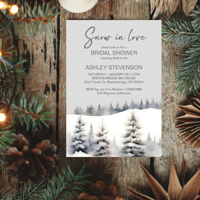 Snö i kärlek vinterskogar gräs möhippa inbjudningar (Snow in love winter pine forest bridal shower editable template invitation digital download pastel )