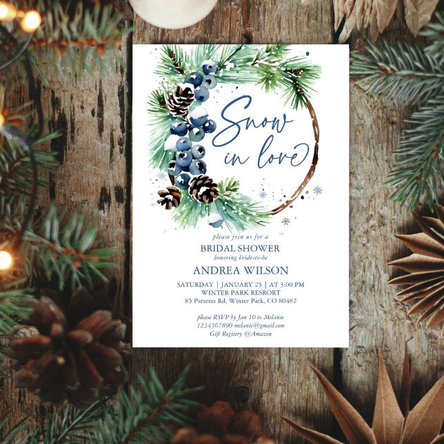 Snö i kärlek vintertid möhippa gräs krand inbjudningar (Snow in love winter bridal shower editable template invitation digital download watercolor pines)